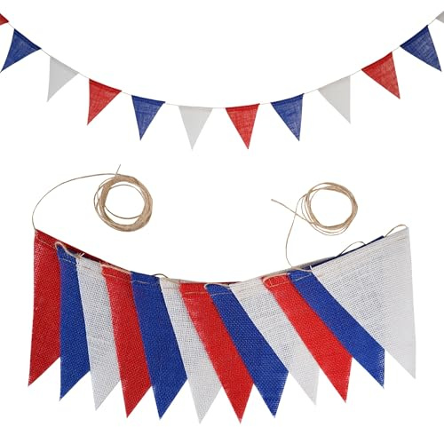 Wambere Wimpelkette Leinen Wimpelkette,3,6M Wimpel Girlande 12 Stück Wimpeln,Wimpelkette Outdoor,Dekorative Hängefahne für Hochzeit Geburtstag Karneval Party Festival Fotohintergrund,Rot Blau Weiß