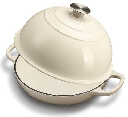 FLAVORIX Horno holandés para hornear pan de masa madre, olla holandesa de hierro fundido esmaltado con tapa, hornos holandeses de pan en forma de cúpula, 6 cuartos de galón, color blanco