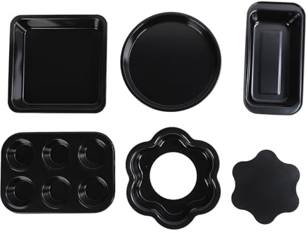 6st Bakeware Set Loose Bottom Carbon Steel Anti Stick Bakpannor Set med grå Silikonhandtag, Receptbroschyr Ingår, Ugnsäker Bricka för Toast Muffinpizza (Svart)