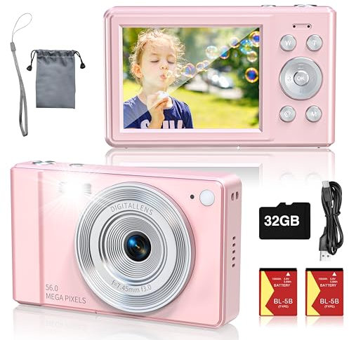 Upgrade Digital Camera, 56MP FHD 1080P for Kids with 16x Zoom Anti Shake, 32GB TF Card, Two Batteries, Lanyard, Compact Small for Boys Girls （Pink）