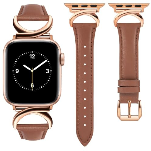 TOYOUTHS Lederarmband kompatibel mit Apple Watch Armband 40/41/38/42mm Damen, Schlank Elegant Dressy Armbänder mit C-förmiger Schnalle für iWatch Serie 11 10 9 8 7 6 5 4 SE 3 2 1, Braun/Rose Gold