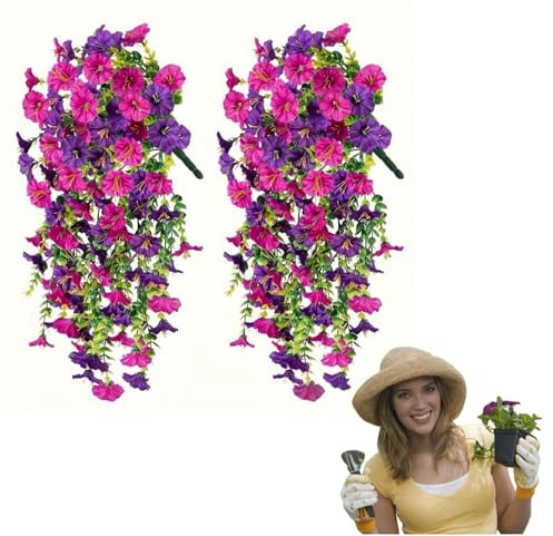 Ryfpdml 2Pcs Artificial Hanging Flowers Outdoor, Fake Trailing Plants Morning Glory Decoration Artificial Fake Silk Hanging Plants Basket Spring Decor Garden Porch Wedding for Pots Patio All (F)