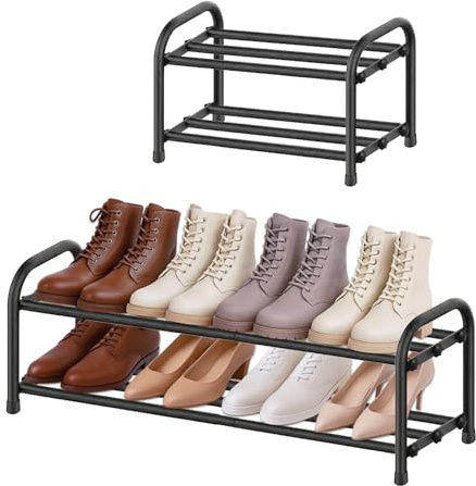 MIKVOYO 2 Tier Extendable Small Shoe Rack, Black Metal Adjustable Shoe Storage Racks for Inside Wardrobe Closet, Narrow Spaces, Hallway, Bedroom, Outdoor