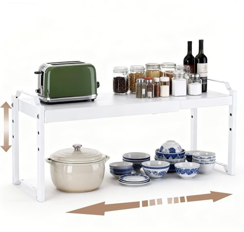 Ripiano Organizzatore per Cucina, Scaffale Espandibile 32-53cm per Pensili, Ripiani Resistente per Top Cucina, Scaffalatura Regolabile in Bianco con 3 Altezze, Organizzatore per Desktop e Mobili