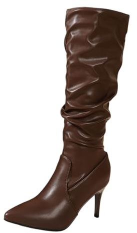 Generisch 2026 Stivali alla moda al ginocchio con punta a punta, dettagli con fibbia, stivali in pelle per un elegante stile di equitazione in inverno, caffè, 42 EU