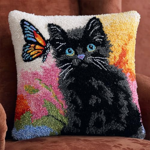 Taxpy Knüpfkissen Diy Set, Katzen, Blumen und Schmetterlinge Kissen Knüpfset, DIY Stickerei Knüpf-Sets, Kissen Knotting Cushion,Knüpfkissen Knüpfset 43 x 43 cm