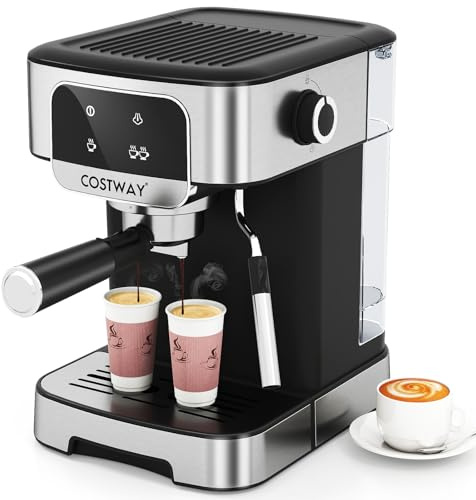 COSTWAY 20 Bar Espresso Coffee Machine, 1200W Compact Coffee Maker with Milk Frother, Touch Screen & 1.8 L Removable Water Tank, Stainless Steel Espresso Maker for Cappuccino, Latte, Ground Coffee