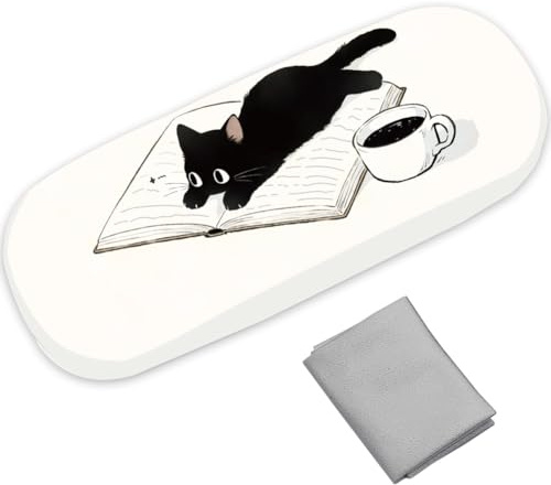 CREATCABIN Hårt Fodral för Solglasögon med Kattdesign Svart PU Syntetiskt Läderfodral för Solglasögon Bärbart Förvaringsfodral Muschelfodral Rengöringsduk 16,2x6,4x3,9 cm