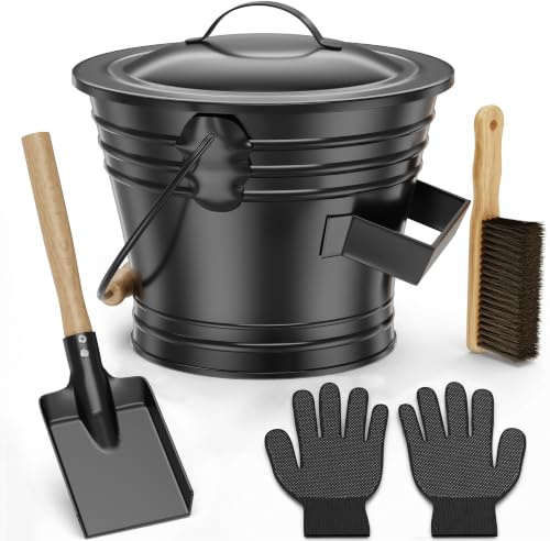 Cubo de Cenizas de Acero con Tapa para Chimeneas, 6L – Incluye Guantes, Pala y Escobilla para Limpieza de Hogares, Fuegos de Campamento y Carbón (Negro)