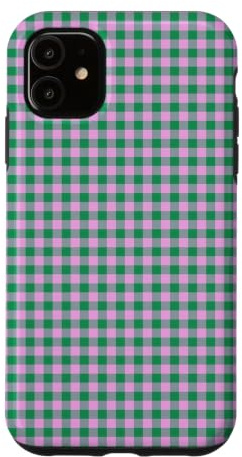 Custodia per iPhone 11 Verde Rosa Mini Gingham Carino Piccolo Check Cottagecore Preppy