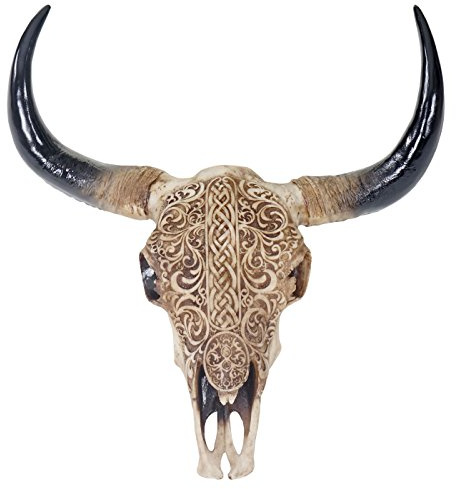 Mendler Deko Schädel 65cm HWC-T454, mit Tribal, In-/Outdoor, Polyresin | Stier, Bulle, Longhorn, Kopf, Trophäe