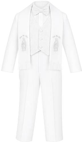 Baby Boys White Baptism Christening Paisley Lapel Tuxedo with Silver Maria Estola Scarf size M (6-12 Months)