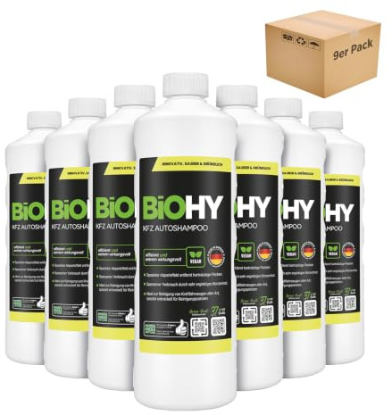 BiOHY Bilschampo (9 x 1l flaska) | Koncentrera utmärkt rengöringskraft och skumbildning Skyddande pärleffekt Skapar en bestående frisk doft (KFZ Autoshampoo)