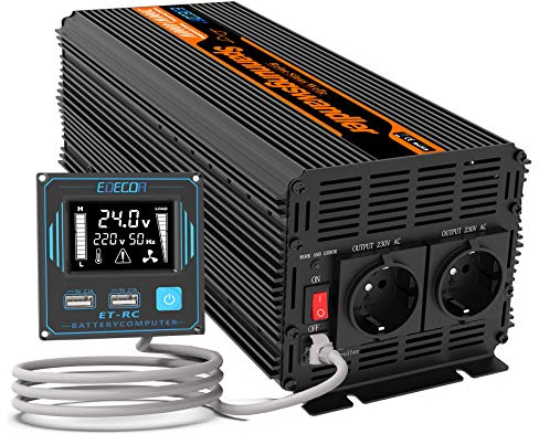 EDECOA Convertisseur 24V 220V Pur Sinus 2000W Fonction ECO pour Camion Camping-Car Van Compatible Panneau Solaire Isolation Galvanique Télécommande 2xUSB Ecran LCD