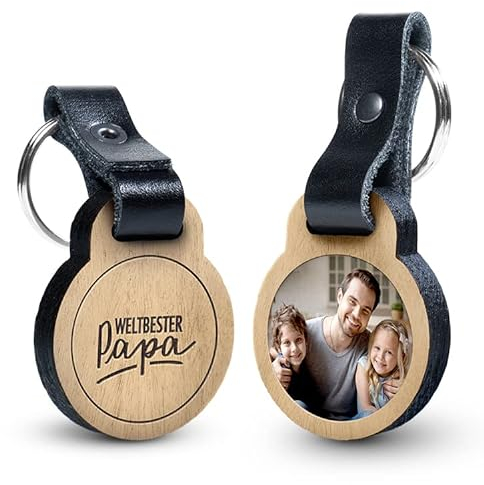 schenkYOU PREMIUM Schlüsselanhänger aus Eichenholz mit kratzbeständigem Foto in Farbe und Gravur - Weltbester Papa - Geschenkidee für Muttertag