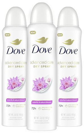 Dove Advanced Care Antiperspirant Deodorant Spray Waterlily & Sakura Blossom 3 Count Moisturizing for After-Shaving Care 72-hour that boost skin's ceramide levels for Soft Underarms 3.8 oz