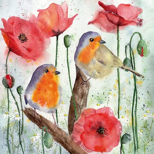20 Servietten Vogel und Mohnblumen 33x33cm