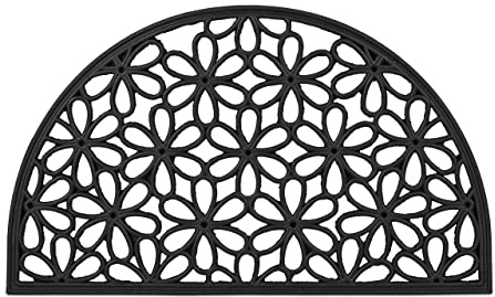 Relaxdays Fußmatte Gummi, 45 x 75 cm, Halbrunder Schmutzfangläufer, Fußabtreter innen & außen, mit Blumenmotiv, schwarz