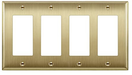ENERLITES Placa decorativa de pared de metal para interruptor o toma, acero inoxidable, resistente a la corrosión, tamaño 4 bandas, 4.5 x 8.2 pulgadas, certificación UL, 7734-BB, latón cepillado,