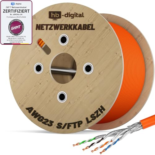 HB-DIGITAL 1000m CAT 7 Netzwerkkabel reines Kupfer Simplex - Orange | LAN Kabel GHMT Zertifiziert Verlegekabel Ethernet Installationskabel, 10 Gbit/s, reines Kupfer AWG23 S/FTP