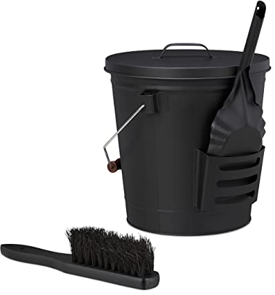Relaxdays Secchio Portacenere, Contenitore per Cenere, Carbonella, con Manico Coperchio Paletta e Scopino, 19 L, Nero, 19 Litri