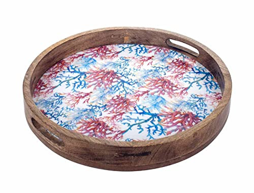 ORIGEN Plateau de service Rond, Bois de Manguier et Thème Coraux. Diamètre 35 cm.