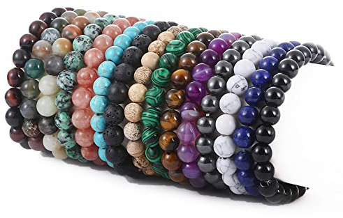SONNYX 15 PCS 8mm Gorgeous Semi-Precious Gemstones Bracelets Round Beaded Bracelets for Women Men Stone Crystal Stretch Beads Bracelet Unisex