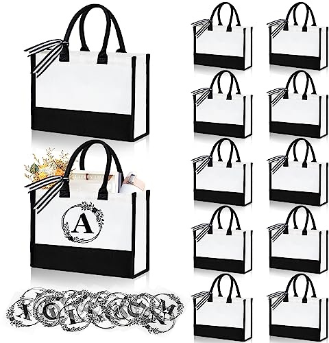 FODIENS 12 Pack Canvas Tote Bag for Women, Personalized Blank Beach Bag with 26PCS A-Z Initial Heat Transfer Letters Film, DIY Monogrammed Gift Tote Bags Bulk for Mom Teachers Friends Bridesmaids