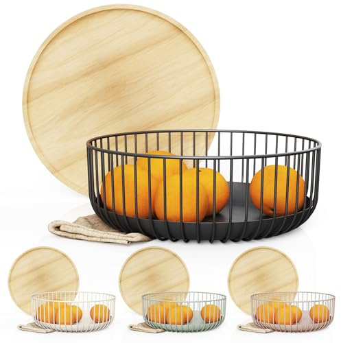 LIBKEN Cesta de frutas con tapa de madera de bambú, cuenco de frutas para encimera de cocina, contenedor de encimera para frutas, patatas y verduras, cestas de alambre de metal para organizar, 11.4 x