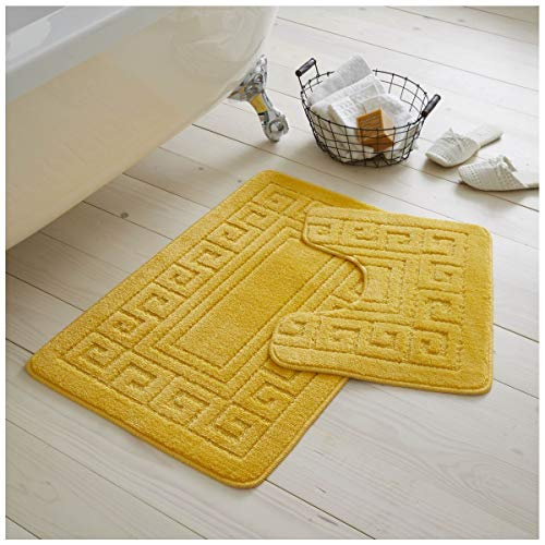 GC GAVENO CAVAILIA 2 Pieces Greek Key Pattern Bath Mat Set, Ochre | Non Slip, Machine Washable, Soft to the Touch, Quick Dry, Water Absorbent, Shower Mat & Pedestal Set