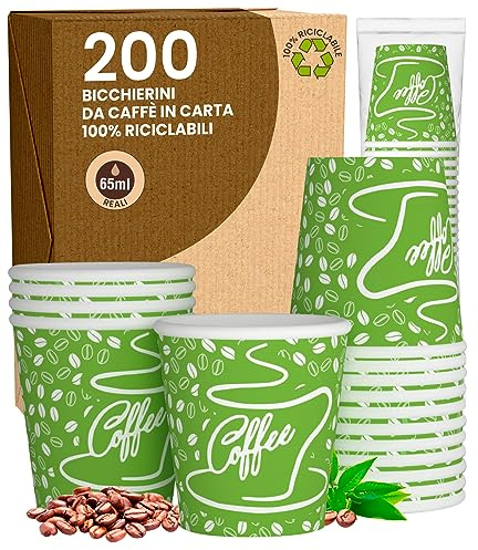 200 Bicchierini in Carta da caffè 65ml CoffeeGreenCUP Bicchieri Ecologici Biodegradabili Monouso Piccoli Asporto Bevande Calde