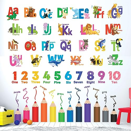 DECOWALL SG3-2316 Alphabet Nummer Wandtattoo (englisch.ver) ABC Wandsticker für Kinder Kinderzimmer Klassenzimmer Wandaufkleber Schlafzimmer