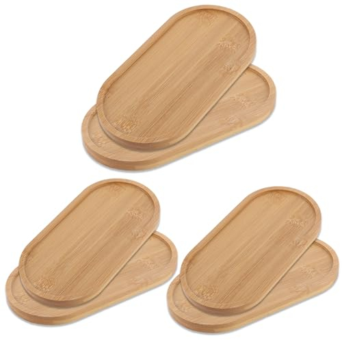 WOPPLXY Holztablett Oval Klein 6er Set, 17,4 x 8,8 x 1 cm Bambus Tablett Klein, Kleine Tabletts für Kaffee, Kuchen, Dessert, Tee