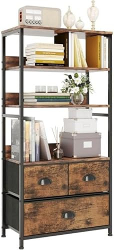 VERMESS 4-Tier Industrial Bookshelf with 3 Fabric Drawers, Storage Shelf, Bookcase with Doors, Adjustable Free Standing Display Shelf, Ladder Shelf Unit for Living Room, Office, Bedroom, Rustic Brown
