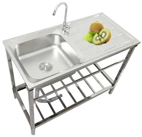 YZJJ Freistehende Küchen Utility Waschbecken - Edelstahl Einer Schüssel Waschbecken für Innen Freien, Wäscherei mit Workbench & Wasserhahn, Hochleistungswanne für Gartengarage tragbare Handwäsche