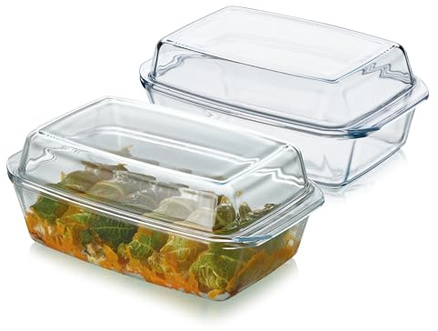 KHG Auflaufformen Glas mit Deckel 2er-Set 3 L, vielseitig einsetzbar | Rechteckig für kalte & warme Speisen, spülmaschinenfest, mikrowellengeeignet, Glasbräter Glasform Backform