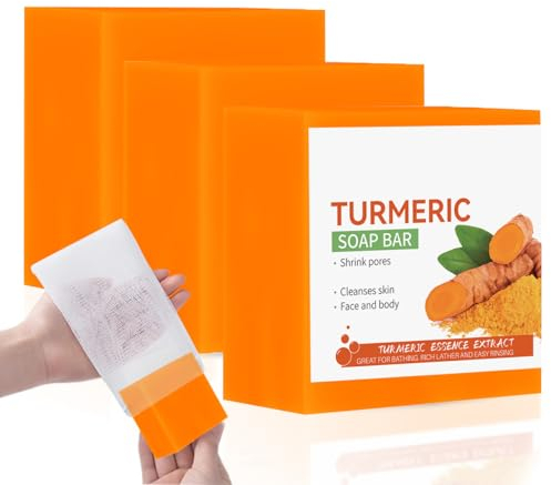 GCVSE 3 Box Kurkuma Seife, 100% natürliche handgemachte Kurkuma-Seifenstücke für Gesicht und Körper, Porenverkleinerung, Tiefenreinigung, feuchtigkeitsspendend