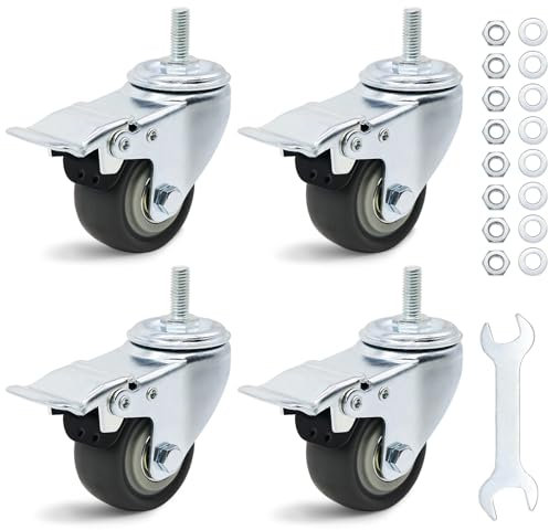 Forhandy Lot de 4 roulettes pivotantes de 50 mm - Double roulement à billes avec filetage M8 x 20 mm - En caoutchouc antidérapant - Silencieuses - Pivotantes à 360° - Avec frein - Charge totale :