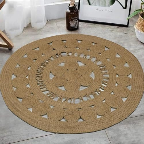 The Home Talk Jute-Teppich, 90 cm, rund, rustikaler oder Boho-Stil, handgewebte Naturfaser-Türmatten, weiche und strapazierfähige Teppiche, verleiht Wohnzimmer, Schlafzimmer, Esszimmer, Küche Textur