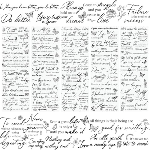 WANDIC 5 Bögen Rub on Transfer Stickers, Schwarz Schmetterlings Schriftzug Ermutigungsworte Inspiration Wort Aufkleber, DIY Handarbeiten, Möbel, Dekorieren für Fotoalbum und Scrapbook, 10 * 30cm