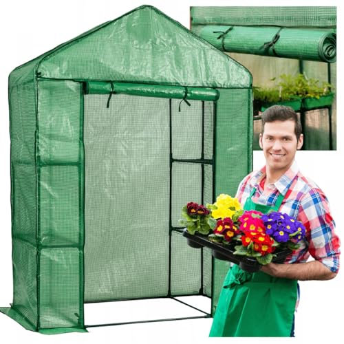 MINI Garten Balkon Garten Tunnel FOLIAK 1,4x2 Lager,Gewächshaus, Foliengewächshaus mit 4 Ablagen, Tomatengewächshaus, Anlehngewächshaus, mit aufrollbarer Tür, Balkon Garten Terrasse, Winterfest