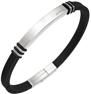 Breil, Collezione Light Cuff, Bracciale da Uomo in Acciaio Satinato e Silicone Nero, Chiusura a Pulsante, Regolabile, Lunghezza 22 cm, Dimensioni Regolabili fino a 17 cm