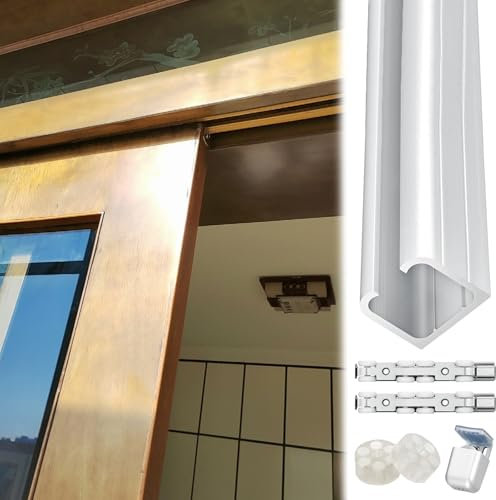 Binario per Porta Scorrevole 60 80 100 140 150 200 300 CM Kit Ferramenta per Porta Scorrevole in Legno per Armadio, Rulli per Porta A Scomparsa E Binario per Montaggio A Soffitto(White,3.5ft/1.1m)