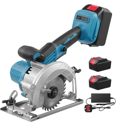 Sierra Circular sin Cable, 6700RPM Sierra Circular Eléctrica con 2 x 2.0Ah Batería de Litio y Cargador, 0-45° Ángulo Ajustable, 40mm Maxi Profundidad de Corte, para Cortar,Esmerilar Pulir