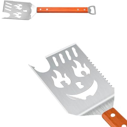 Spatola per barbecue 7 in 1 per barbecue con paletta da barbecue con design a fiamma, 42 cm, in acciaio inox, manico in legno, spatola multifunzione con apribottiglie