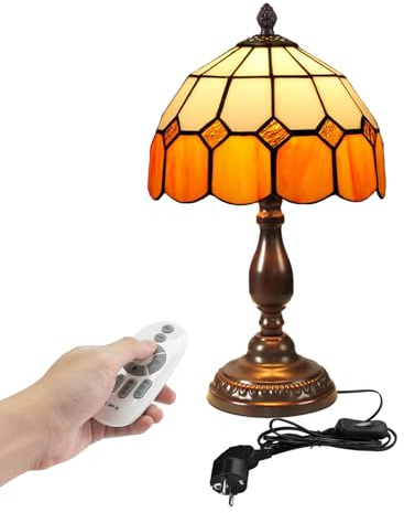 FSLiving Dimmbar Nachttischlampe mit Kabelschalter und Fernsteuerung, Lampenschirm aus Glas, Tiffany-Stil Leselicht Nachttischlampe Tischlampe, 1x E27, Schreibtischlampe TD0528
