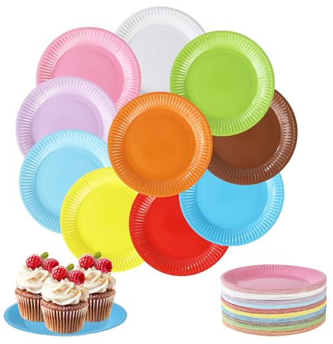 BUCOMTU 120 Stück DIY Pappteller bunt, 7 Zoll runde bunte Pappteller, Papiergeschirr, geeignet für Kindergeburtstage, Feiern, Grillpartys und andere Feste oder Feierlichkeiten