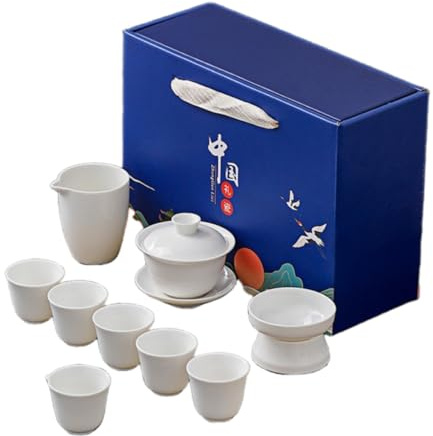 HUMOCHUSON Service À Thé Kung Fu En Porcelaine Blanche De Neuf Pièces, En Jade Gras De Mouton, Pour Réceptions D'Affaires Et Voyages En Plein Air - Blanc Pur - Coffret Cadeau Bleu