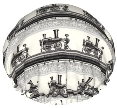 Bonnet de douche vintage imprimé train à vapeur pour femme, réutilisable, double couche, bande élastique, bonnets de bain pour cheveux longs pour douche