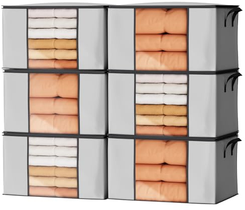 Oak & Tea Storage Bags 90L 6-Pack, Moving Bags & Wardrobe Organiser with Lid & Zips, PE Coated Woven Fabric - Waterproof Storage Box with Clear Window for Clothes, Blankets, Bedding 60x43x35cm